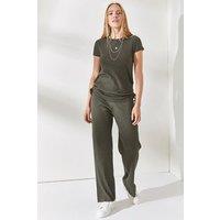 HOXTON GAL Women's Ribbed Two-Piece Set with Side-Ruched Top & Wide-Leg Pants in Khaki | Size: Medium