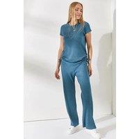 HOXTON GAL Women's Ribbed Two-Piece Set with Side-Ruched Top & Wide-Leg Pants in Blue | Size: Medium