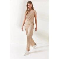 HOXTON GAL Women's Ribbed Two-Piece Set with Side-Ruched Top & Wide-Leg Pants in Beige | Size: Small