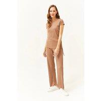 HOXTON GAL Women's Ribbed Two-Piece Set with Side-Ruched Top & Wide-Leg Pants in Dark Brown | Size: Small