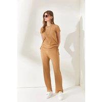 HOXTON GAL Women's Ribbed Two-Piece Set with Side-Ruched Top & Wide-Leg Pants in Camel | Size: Small