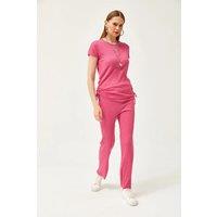 HOXTON GAL Women's Ribbed Two-Piece Set with Side-Ruched Top & Wide-Leg Pants in Pink | Size: Medium