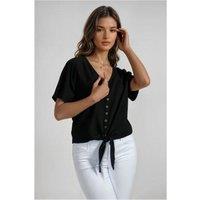 HOXTON GAL Women's Regular Fit Casual Short Sleeve Blouse with Button Front & Tie Detail in Black | Size: Medium