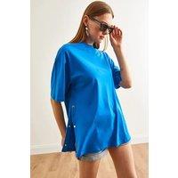 HOXTON GAL Women's Regular Fit 100% Cotton T-Shirt with Side Buttons in Royal | Size: Medium