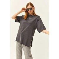 HOXTON GAL Women's Regular Fit 100% Cotton T-Shirt with Side Buttons in Dark Grey | Size: Large