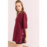 HOXTON GAL Women's Regular Fit 100% Cotton T-Shirt with Side Buttons in Burgundy | Size: Medium