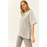 HOXTON GAL Women's Regular Fit 100% Cotton T-Shirt with Side Buttons in Grey | Size: Large