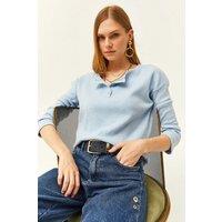 HOXTON GAL Women's Regular Fit Buttoned Fleece-Lined Loose Sweater in Baby Blue | Size: S/M