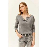 HOXTON GAL Women's Regular Fit Buttoned Fleece-Lined Loose Sweater in Grey | Size: S/M