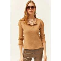 HOXTON GAL Women's Regular Fit Buttoned Fleece-Lined Loose Sweater in Camel | Size: S/M