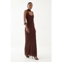 MissPap Women's Halter Neck Chiffon Scarf Maxi Dress in Chocolate | Size: 6