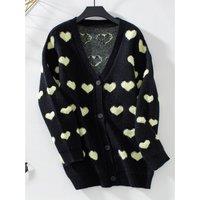 Heart V-Neck Button Up Long Sleeve Cardigan- Black