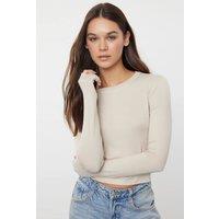 HOXTON GAL Women's Crew Neck Cropped Stretch Knit Blouse in Stone | Size: Small
