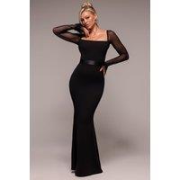 Goddiva Women's Dobby Mesh Feather Sleeve Evening Maxi Dress in Black | Size: 14