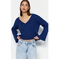 HOXTON GAL Women's Regular Fit Wool Blend V-Neck Ribbed Knit Sweater in Royal | Size: Large