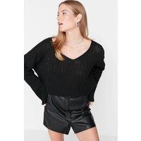 HOXTON GAL Women's Regular Fit Wool Blend V-Neck Ribbed Knit Sweater in Black | Size: XL