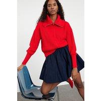 HOXTON GAL Women's Oversized Half-Zip High Neck Knit Sweater in Red | Size: Medium