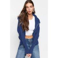 HOXTON GAL Women's Oversized Half-Zip High Neck Knit Sweater in Indigo | Size: Small