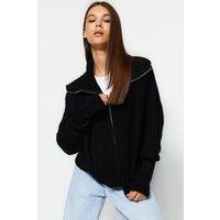 HOXTON GAL Women's Oversized Half-Zip High Neck Knit Sweater in Black | Size: Large