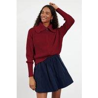 HOXTON GAL Women's Oversized Half-Zip High Neck Knit Sweater in Burgundy | Size: XS
