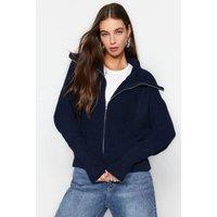 HOXTON GAL Women's Oversized Half-Zip High Neck Knit Sweater in Navy | Size: Large