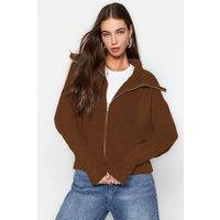 HOXTON GAL Women's Oversized Half-Zip High Neck Knit Sweater in Light Brown | Size: Small