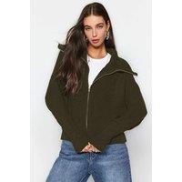 HOXTON GAL Women's Oversized Half-Zip High Neck Knit Sweater in Khaki | Size: Medium
