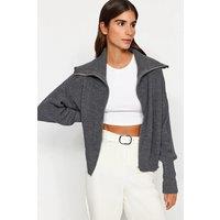 HOXTON GAL Women's Oversized Half-Zip High Neck Knit Sweater in Dark Grey | Size: Small