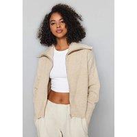 HOXTON GAL Women's Oversized Half-Zip High Neck Knit Sweater in Stone | Size: Medium