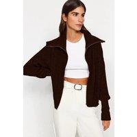 HOXTON GAL Women's Oversized Half-Zip High Neck Knit Sweater in Brown | Size: XS