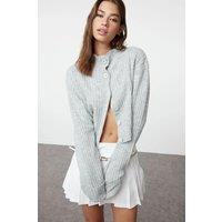 HOXTON GAL Women's Oversized Cropped Soft-Textured High Neck Knit Cardigan in Grey | Size: Medium