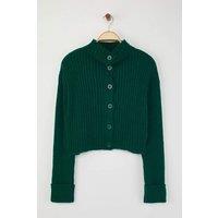 HOXTON GAL Women's Oversized Cropped Soft-Textured High Neck Knit Cardigan in Green | Size: Medium