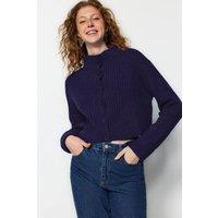 HOXTON GAL Women's Oversized Cropped Soft-Textured High Neck Knit Cardigan in Navy | Size: Large
