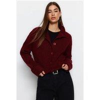 HOXTON GAL Women's Oversized Cropped Soft-Textured High Neck Knit Cardigan in Burgundy | Size: Large