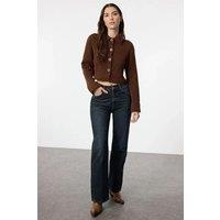 HOXTON GAL Women's Oversized Cropped Soft-Textured High Neck Knit Cardigan in Brown | Size: Large