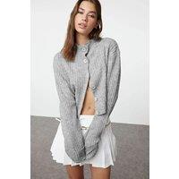 HOXTON GAL Women's Oversized Cropped Soft-Textured High Neck Knit Cardigan in Dark Grey | Size: Large