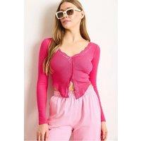 HOXTON GAL Women's Slim Fit Lace Detail Blouse in Fuchsia | Size: Small