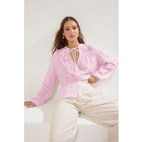 HOXTON GAL Women's Regular Fit Lace Sleeve Detail Textured Cotton Blouse in Pink | Size: 10