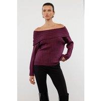 HOXTON GAL Women's Regular Fit Off-Shoulder Ribbed Knit Sweater in Burgundy | Size: Medium