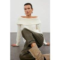 HOXTON GAL Women's Regular Fit Off-Shoulder Ribbed Knit Sweater in White | Size: Small