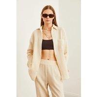 HOXTON GAL Women's Oversized Muslin Button-Up Shirt with Front Pockets in Beige | Size: Large