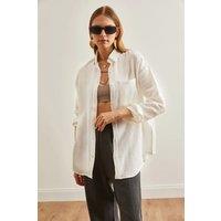HOXTON GAL Women's Oversized Muslin Button-Up Shirt with Front Pockets in White | Size: Large
