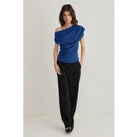 HOXTON GAL Women's Regular Fit Asymmetric Off-Shoulder Draped Knit Top with Gathered Details in Indigo | Size: Medium