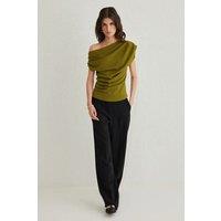 HOXTON GAL Women's Regular Fit Asymmetric Off-Shoulder Draped Knit Top with Gathered Details in Green | Size: XS
