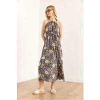 HOXTON GAL Women's Regular Fit Halter Neck Belted Midi Dress in Khaki | Size: XL