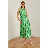 HOXTON GAL Women's Regular Fit Halter Neck Belted Midi Dress in Bright Green | Size: XL