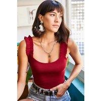 HOXTON GAL Women's Slim Fit Ribbed Tank Top with Ruffle Straps in Burgundy | Size: Large/XL