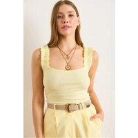 HOXTON GAL Women's Slim Fit Ribbed Tank Top with Ruffle Straps in Yellow | Size: S/M