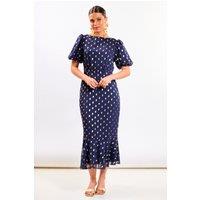 Needs No Label Women's Navy Chiffon Foil Puff Sleeve Midi Dress | Size: 8