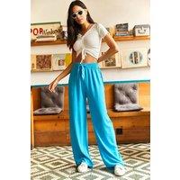 HOXTON GAL Women's Wide-Leg Palazzo Pants with Comfortable Elastic Waist in Blue | Size: Large